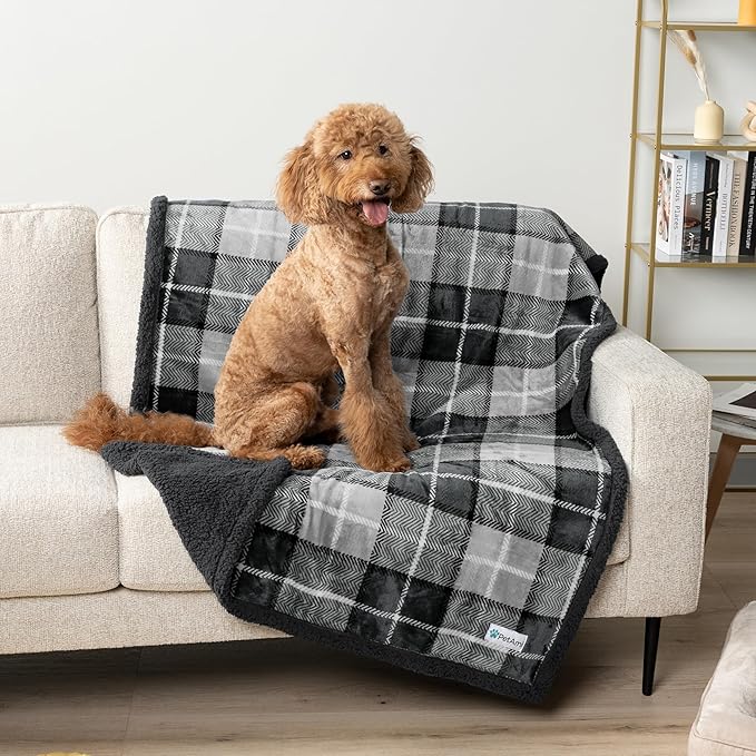 PetAmi WATERPROOF Dog Blanket for Bed, XL Dog Pet Blanket Couch Cover Protection, Sherpa Fleece Leakproof Bed Blanket for Crate Kennel Sofa Furniture Protector, Reversible Soft 80x60 Plaid Charcoal