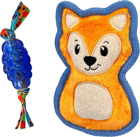 Petstages Mini Orka & Friends Fox Dog Toys 2-Pack – Dental Dog Chew Toy and Tough Plush Squeaky Dog Toy, Orange, XS