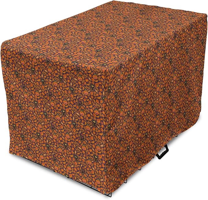 Lunarable Vintage Halloween Dog Crate Cover, Halloween Themed Elements on a Purple Background Scary Mosters, Easy to Use Pet Kennel Cover for Medium Large Dogs, 42 Inch, Dark Purple Orange