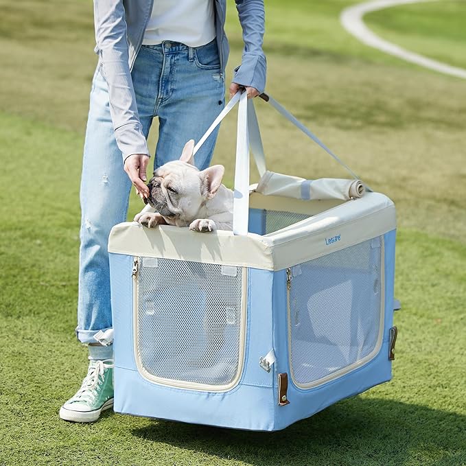 Lesure Collapsible Travel Dog Crate for Small Dogs, Portable Soft Dog Crate for Outdoor & Indoor, Folding Fabric Dog Kennel with Handle, 24 Inch Heavy Duty Pet Carrier (Blue)