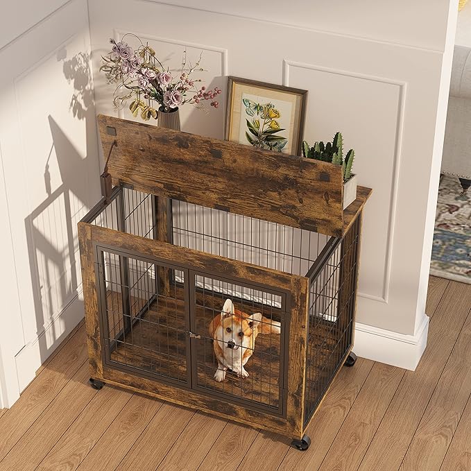 Furniture Style Dog Crate Side Table on Wheels,Decorative Pet House Heavy Duty Kennel with Double Doors and Lift Top,for Small and Medium Dogs,31.50'' W x 22.05'' D x 25'' H,Rustic Brown