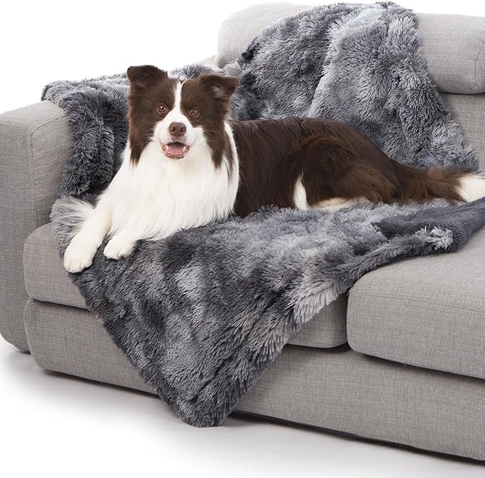 gogobunny Waterproof Dog Blankets for Medium Large Dogs, Soft Fluffy Long Faux Fur Calming Cat Blanket for Couch Bed, Warm Flannel Washable Furniture Protector (40x50 Inch (Pack of 1), Tie-dye Grey)