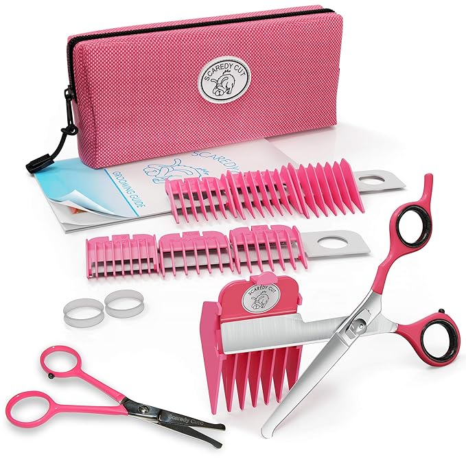 NO BUZZ Dog Clippers by SCAREDY CUT, + TINY TRIM Safety Scissor. A Silent Low Noise Pet Grooming Clipper, Right Handed Pink