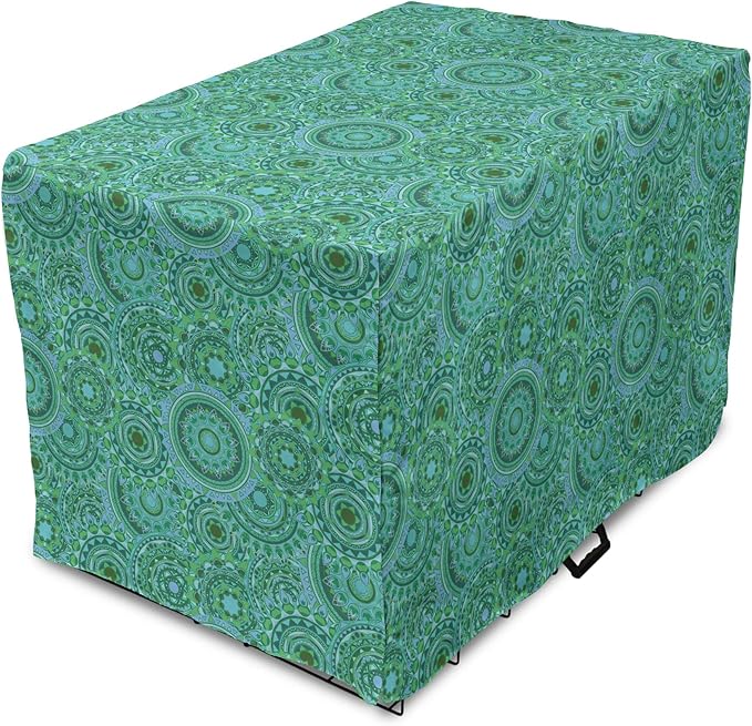Lunarable Emerald Dog Crate Cover, Mandala Pattern with Soft Color Pattern Complex Motif Eastern Geometric Style, Easy to Use Pet Kennel Cover for Cats & Medium Dogs, 30 Inch, Green Blue