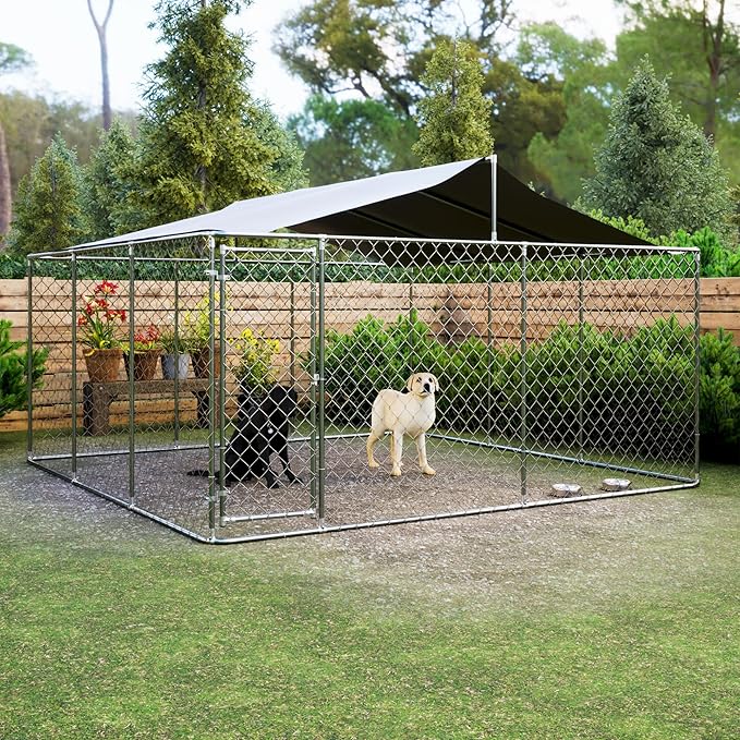Outdoor Dog Kennel Dog Crate with Lockable Swing Gate,Water & UV Resistant Dog Enclosure Outdoor W/Pitched Roof,Heavy Duty Dog Pens Dog House Outside for Large Dogs,Gray(178"x178")
