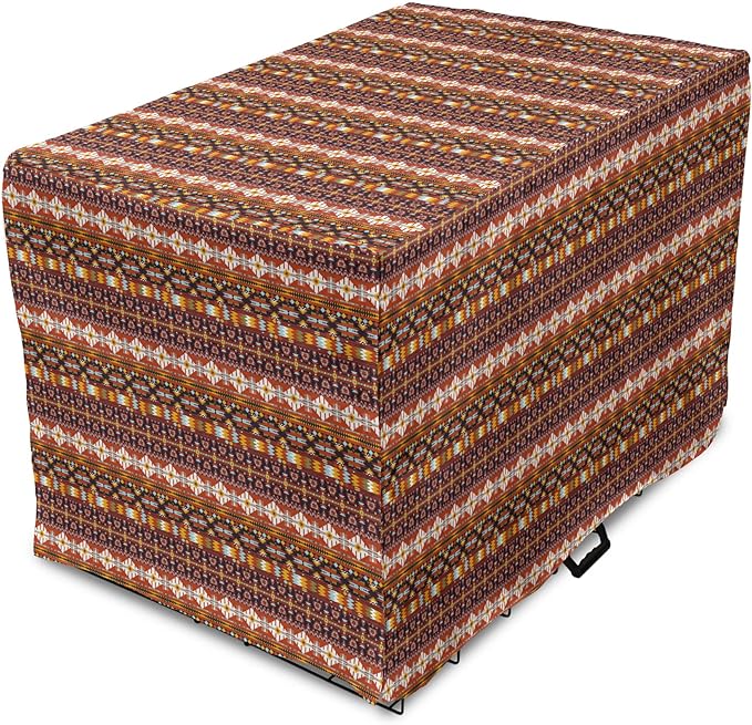 Lunarable Aztec Dog Crate Cover, Ornate Rich Motifs in Autumn Colors Geometric and Floral Design Old Tribal, Easy to Use Pet Kennel Cover for Small Dogs Puppies Kittens, 18 Inch, Orange Yellow Blue