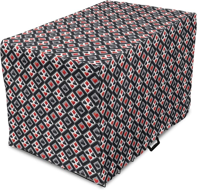Lunarable Casino Dog Crate Cover, with Geometrical Design and Mosaic Composition Gamblers Club, Easy to Use Pet Kennel Cover for Cats & Medium Dogs, 30 Inch, Black Red Grey