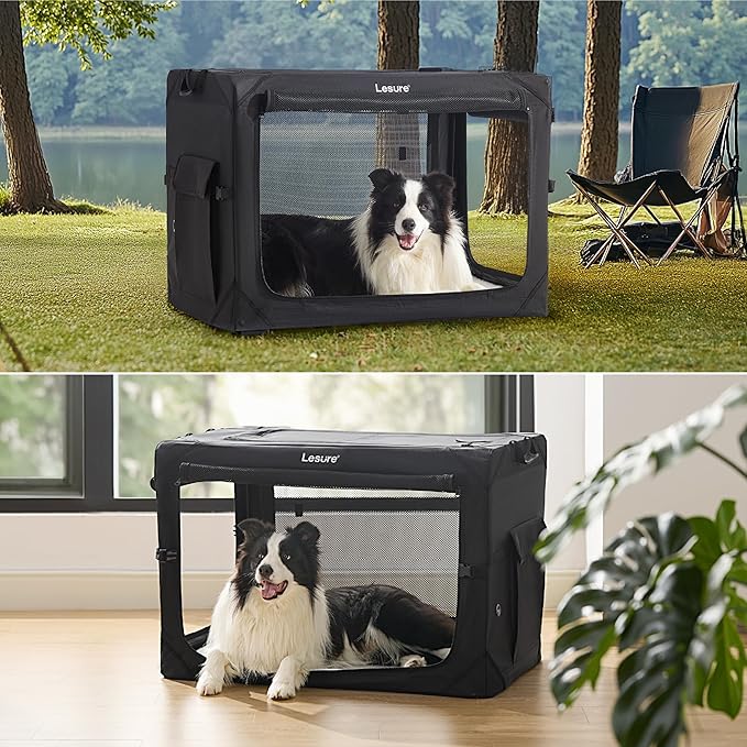 Lesure Collapsible Dog Crate - Portable Travel Kennel for Large Dog, 4-Door Pet Crate with Durable Mesh Windows, Indoor & Outdoor, Black