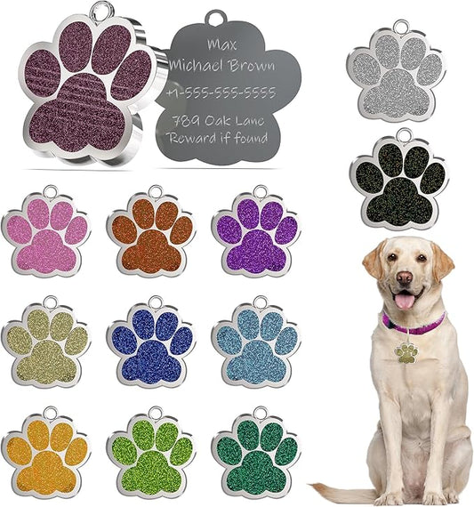 Dog Tags Personalized for Pets Glitter Paw Print Stainless Steel Dog Tag Cute Dog Name Tag Bulk Dog Tags for Wholesale (12 Pieces)