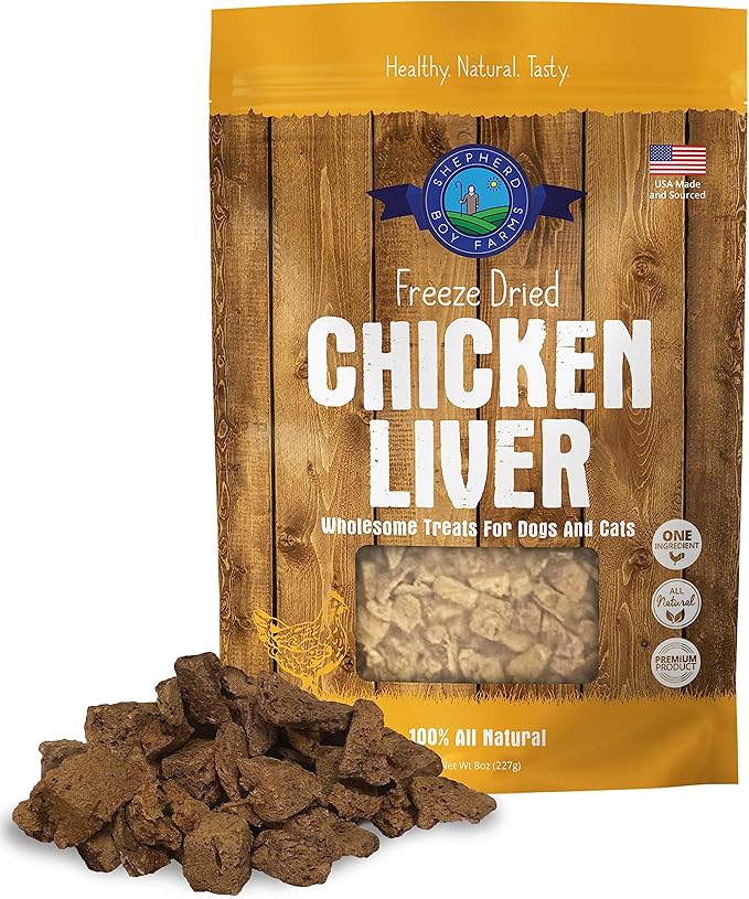 Freeze Dried Dog and Cat Treats, Chicken Liver, All Natural Single Ingredient Freeze-Dried Dog Treat & Dog Snacks, Made in USA, High Protein, Essential Nutrition Raw Dog Food, 8oz