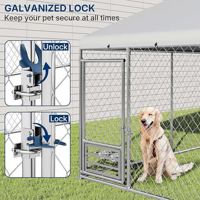 XL Outside Dog Kennel 10x10 ft - Outside Dog Kennel with Roof, Covered Kennels with with Feeding Door, Outdoor Dog Enclosure with Thickened Roof