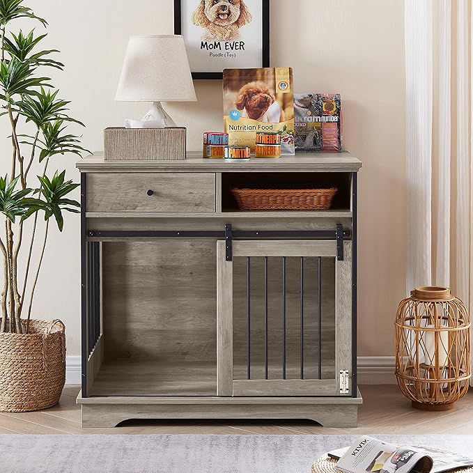 Dog Crate Furniture, Dog House Indoor with Sliding Barn Door, 35" Wood Dog Crate Heavy Duty Dog Kennels Decorative Dog Crate for Small/Medium/Large Dog Grey