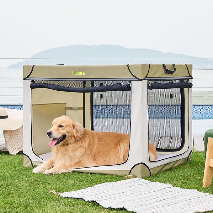 Lesure Soft Collapsible Dog Crate - 42 Inch Portable Travel Crate for Extra Large Dogs Indoor & Outdoor, 4-Door Foldable Pet Kennel with Durable Mesh Windows, Beige