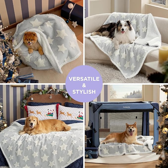 Lesure Waterproof Dog Blanket for Small Dogs - Washable Double Sided Dog Blankets with Warm Jacquard Shag and Soft Sherpa Fleece, Pet Cat Blanket for Couch Protection, 3D Textured Star, Grey