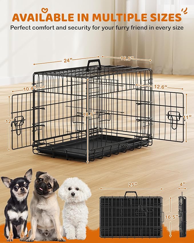 Yaheetech 24 inch Dog Crate Double Door w/Divider for Puppy Collapsible Metal Crate with Removable Tray Wire Kennel Pet Crate for Small Dogs Portable Travel Cage, Black