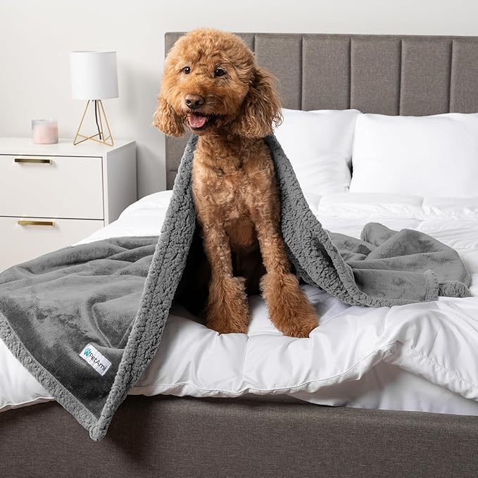 PetAmi WATERPROOF Dog Blanket for Medium Large Dog, Pet Puppy Blanket Couch Cover Protection, Sherpa Fleece Cat Blanket, Sofa Bed Furniture Protector Reversible Soft Plush Washable 60x40 Light Grey