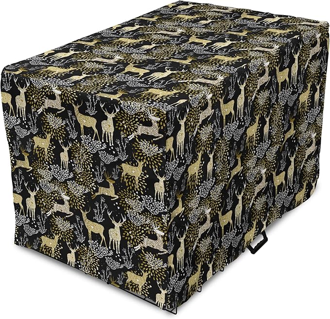 Ambesonne Christmas Dog Crate Cover, Nature Woodland and Deer Silhouettes with Oriental Ornaments Design, Easy to Use Pet Kennel Cover for Cats & Medium Dogs, 30 Inch, Yellow White Black