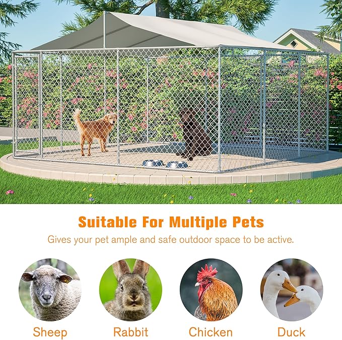 Large Outdoor Dog Kennel, Heavy Duty Galvanized Steel Dog Enclosure, Chicken Coop w/ Waterproof UV-Resistant Cover, Lockable Door Chain Link for Small & Large Pets, Backyard-157.2"L x 157.2"W x 91.2"H