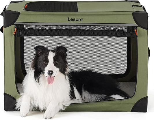 Lesure Soft Collapsible Dog Crate - 36 Inch Portable Travel Crate for Large Dogs Indoor & Outdoor, 4-Door Foldable Pet Kennel with Durable Mesh Windows, Green