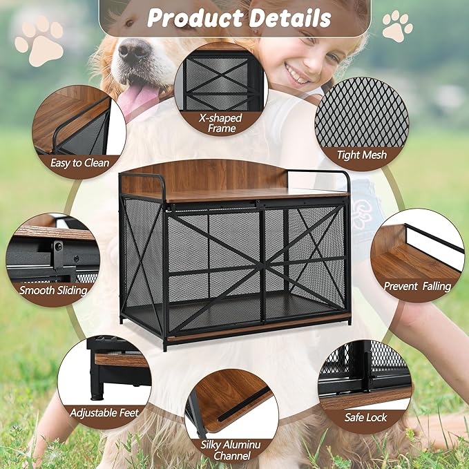 Merax 42.8" Heavy Duty Large Dog Crate Furniture for Large Medium Dog, Farmhouse Wooden Dog Kennel Indoor End Table, Decorative Pet House for Dogs, Brown