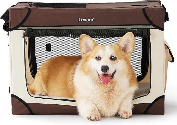 Lesure Soft Collapsible Dog Crate - 26 Inch Portable Travel Crate for Small Dogs Indoor & Outdoor, 4-Door Foldable Pet Kennel with Durable Mesh Windows, Brown