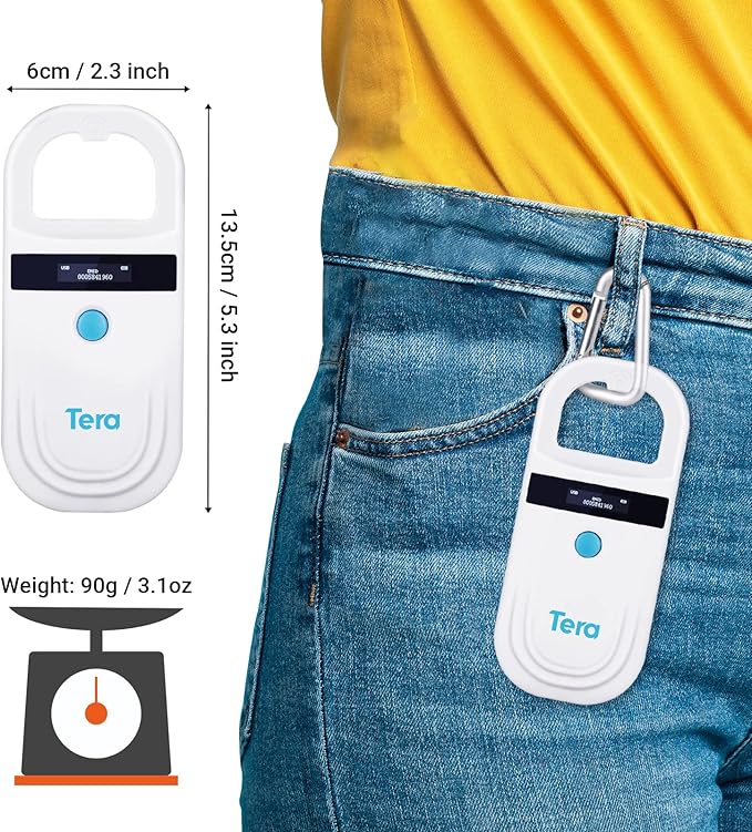 Tera Pet Microchip Reader Scanner with D-Ring RFID Portable Animal Chip ID Scanner with OLED Display Screen Rechargeable Data Storage Tag Scanner EMID FDX-B(ISO11784/85) for Dog Cat Animal Management