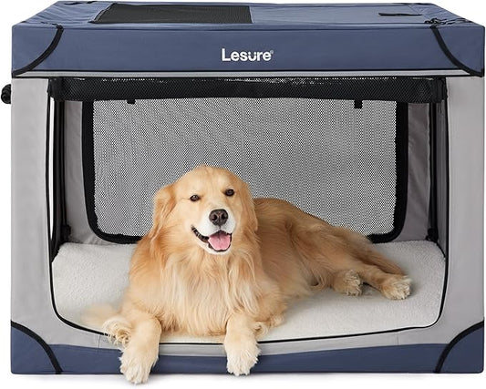 Lesure Soft Collapsible Dog Crate - 42 Inch Portable Travel Crate for Extra Large Dogs Indoor & Outdoor, 4-Door Foldable Pet Kennel with Durable Mesh Windows, Blue
