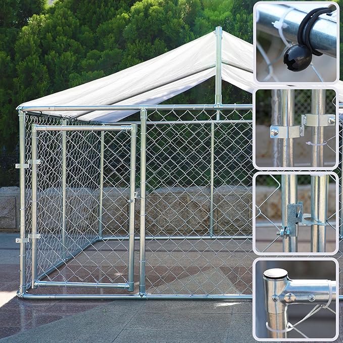 Outdoor Dog Kennel Dog Crate with Lockable Swing Gate,Water & UV Resistant Dog Enclosure Outdoor W/Pitched Roof,Heavy Duty Dog Pens Dog House Outside for Large Dogs,Gray(118"x 118")
