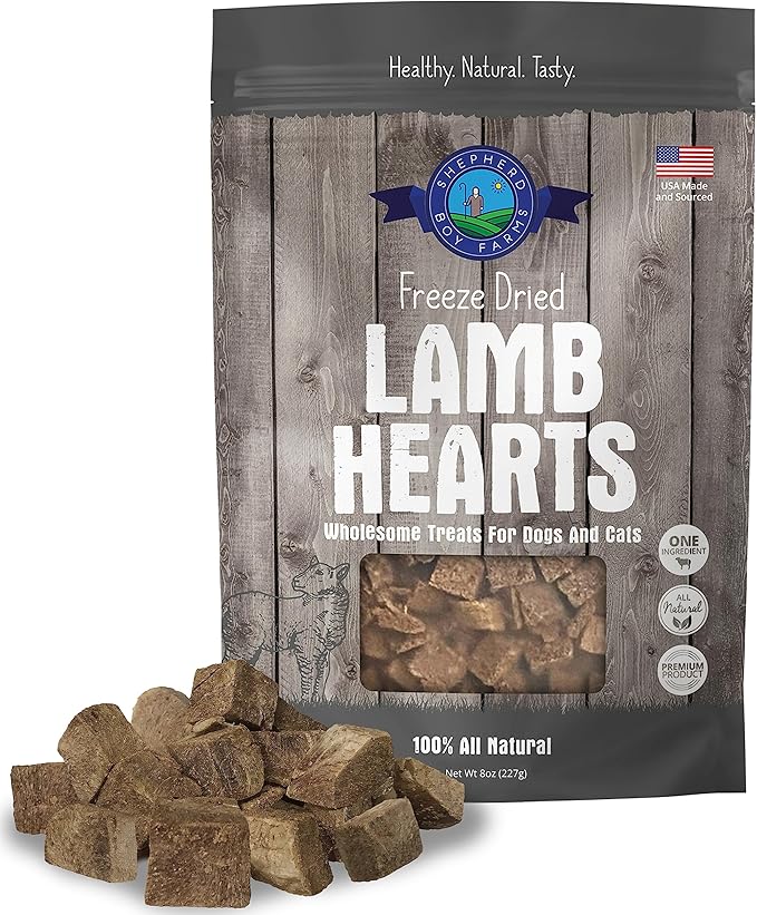 Freeze Dried Dog and Cat Treats, Lamb Heart, All Natural Single Ingredient Freeze-Dried Dog Treat & Dog Snacks, Made in USA, High Protein, Essential Nutrition of Raw Dog Food, 8oz