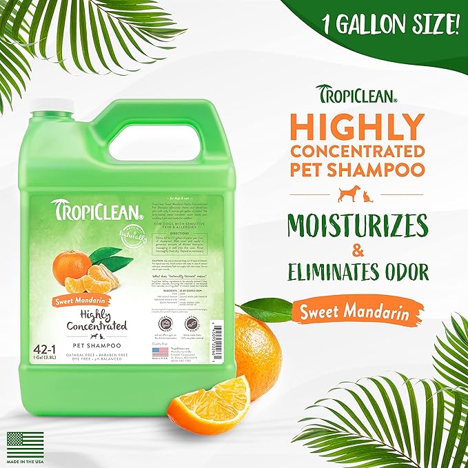 TropiClean High Concentrate Dog Shampoo, Professional Grade & Size for Groomers, 42:1 Dilution, Puppy Safe, USA Made, Sweet Mandarin Scent, 1 Gallon