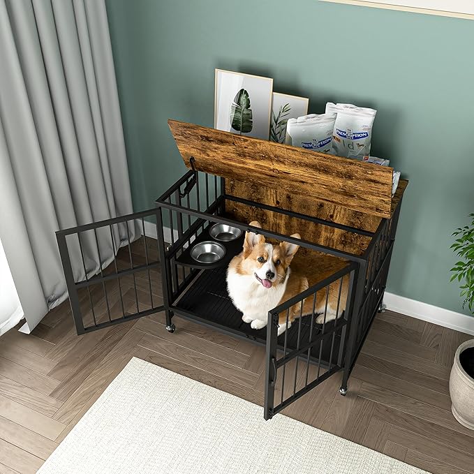 NicBex Dog Crate Furniture Dog Cage with 360 Degree Rotation Height Adjustable Feeding Bowls, Dog Kennels for Inside, Wooden Dog Crate with Lift Top and Wheels, Antique Brown