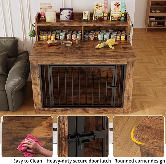 IRONCK Dog Crate Furniture, 43.3 inches Wooden Large Dog Crate with Storage and 4 Hooks, Heavy Duty Pet Crate for Large Dog, Decorative Pet Cage for Indoor (30" L x 43.3" W x 41.1" H)