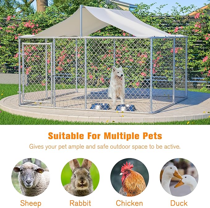 Large Outdoor Dog Kennel, Heavy Duty Galvanized Steel Dog Enclosure, Chicken Coop w/Waterproof UV-Resistant Cover, Lockable Door Chain Link for Small & Large Pets, Backyard (118" L x 118" W x 71" H)