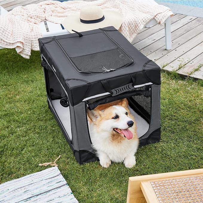 Lesure Soft Collapsible Dog Crate - 26 Inch Portable Travel Crate for Small Dogs Indoor & Outdoor, 4-Door Foldable Pet Kennel with Durable Mesh Windows, Black