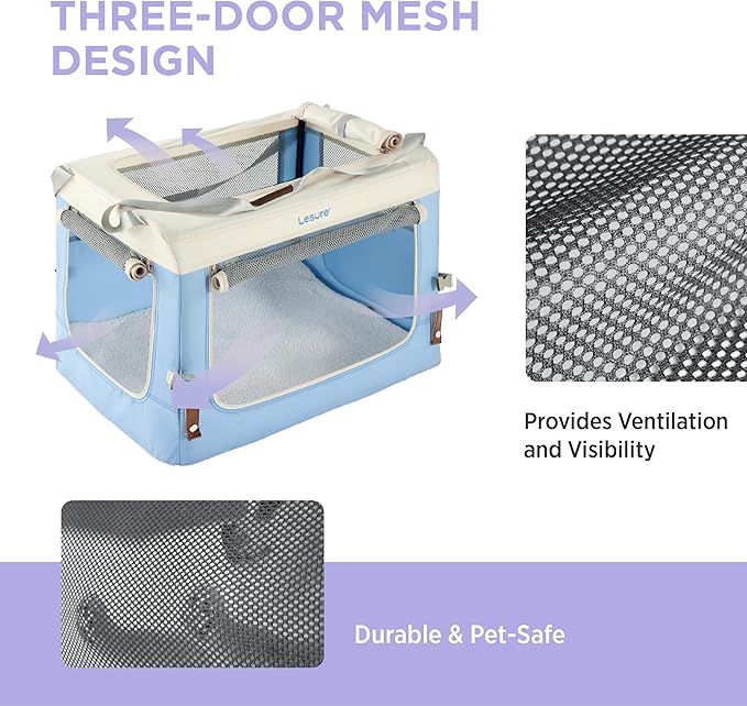 Lesure Collapsible Travel Dog Crate for Small Dogs, Portable Soft Dog Crate for Outdoor & Indoor, Folding Fabric Dog Kennel with Handle, 24 Inch Heavy Duty Pet Carrier (Blue)