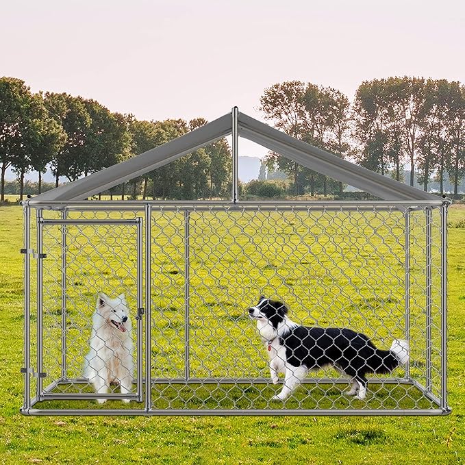 Large Outdoor Dog Cage with UV and Waterproof Cover,Metal Galvanized Rustproof Outdoor Puppy Fence,W/Security Door,Heavy Duty Kennel for Farm & Garden,Silver 9.8'Lx9.8'Wx4.4'H