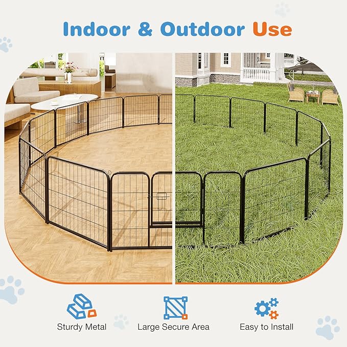 Sweetcrispy Dog Playpen Indoor - Pet Fence Exercise Pen for Yard Gate 16 Panels Foldable Puppy Playpens with Doors Metal Dog Pen for Camping, RV, Outdoor, Small/Medium Pets, 24” Height