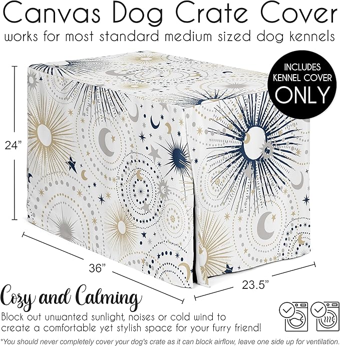 Sweet Jojo Designs Navy Blue Star and Moon Dog Crate Cover – Kennel Covers for 36 Inch Pet Cage Medium - Gold Grey Celestial Sky Stars Gray Shabby Chic