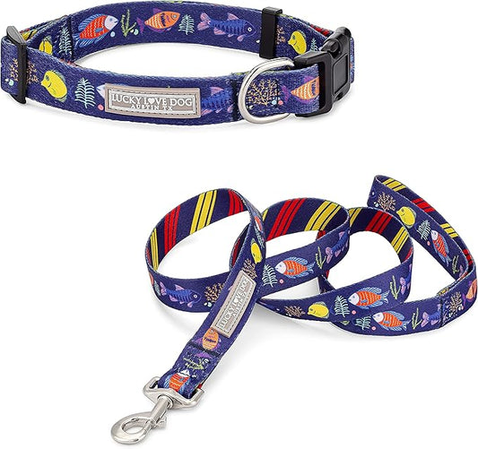 Lucky Love Dog Combo Set, Tropical Fish Dog Leash and Collar Set, Blue Color Matching Dog Collar & Leash, Part of Purchase Donated to Rescue (XS, Mackey, Combo)