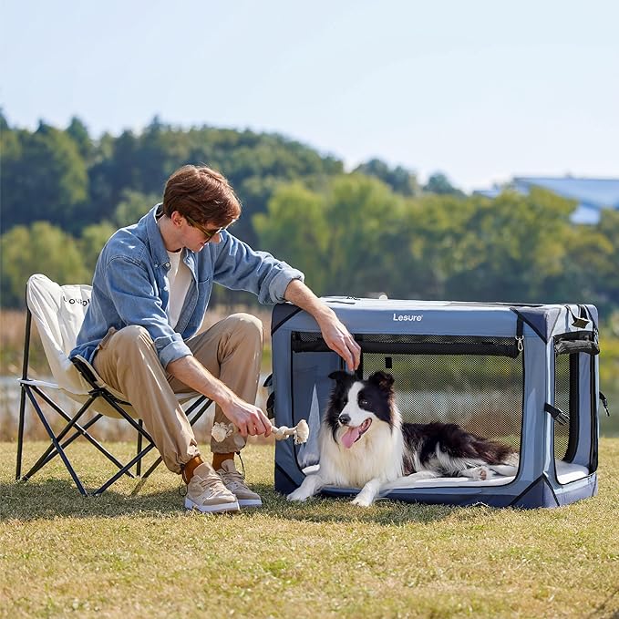 Lesure Collapsible Dog Crate - Portable Travel Kennel for Large Dog, 4-Door Pet Crate with Durable Mesh Windows, Indoor & Outdoor, Blue