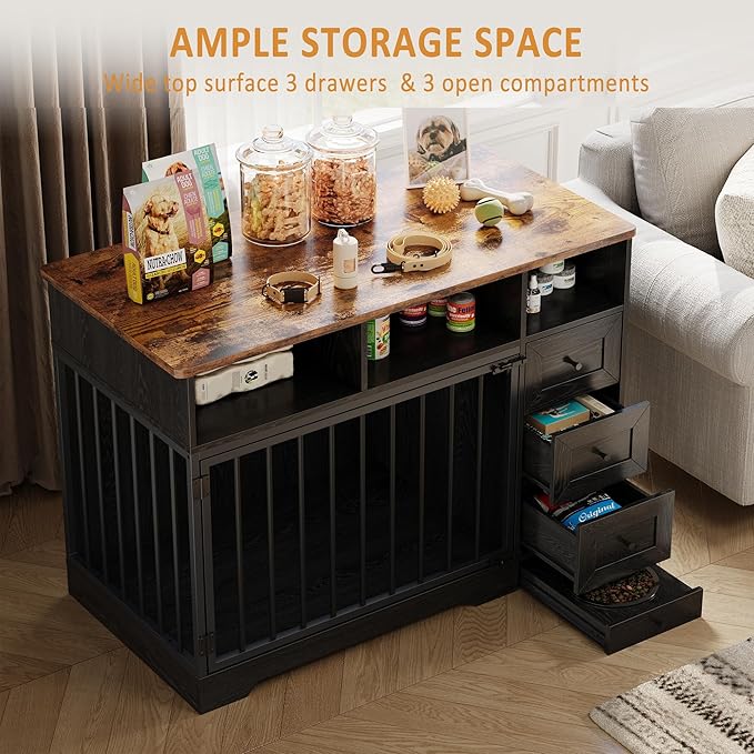 Dog Crate Furniture for Small Dogs, Wooden Dog Kennel Indoor with Storage Shelves, 3 Drawers & Hidden Bowl, Modern Pet Cage Side End Table, up to 120 lb, 48" L, Steel Lock, Black