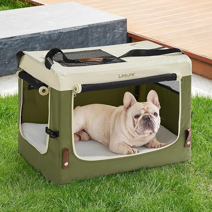 Lesure Collapsible Travel Dog Crate for Small Dogs, Portable Soft Dog Crate for Outdoor & Indoor, Folding Fabric Dog Kennel with Handle, 24 Inch Heavy Duty Pet Carrier (Green)