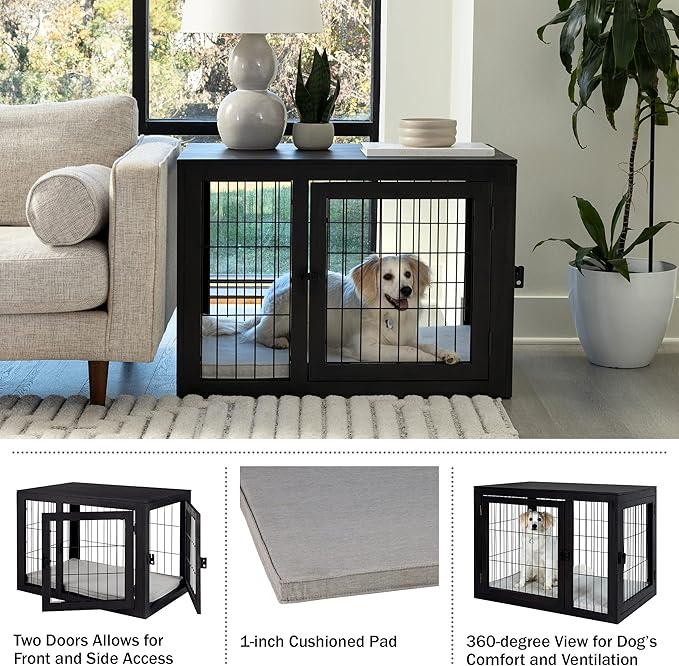 Furniture-Style Dog Crate - Acacia Wood Kennel for Medium Dogs with Double Doors and Cushion - Dog Cage Furniture by PETMAKER (Black)