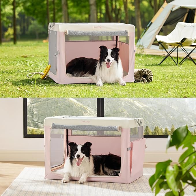 Lesure Collapsible Travel Dog Crate for Small Dogs, Portable Soft Dog Crate for Outdoor & Indoor, Folding Fabric Dog Kennel with Handle, 42 Inch Heavy Duty Pet Carrier (Pink)