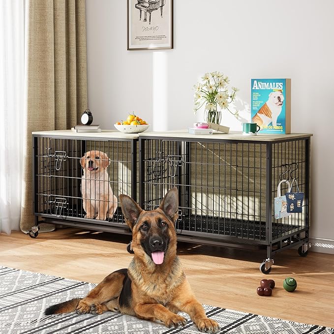 Large Dog Crate Furniture, 38.6" L x 25.6" W x 26.8" H, Indoor Pet Crate with Double Doors, Removable Tray and 360° Wheels, Wooden Countertop Dog Kennel, Gray+Black