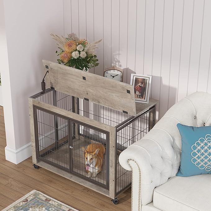 NicBex Dog Crate Furniture Dog Cage with Doors and Lift Top, Dog Kennels for Inside Space, Wooden Dog Crate on Wheels with Durable Frame for Multiple Dogs, Grey
