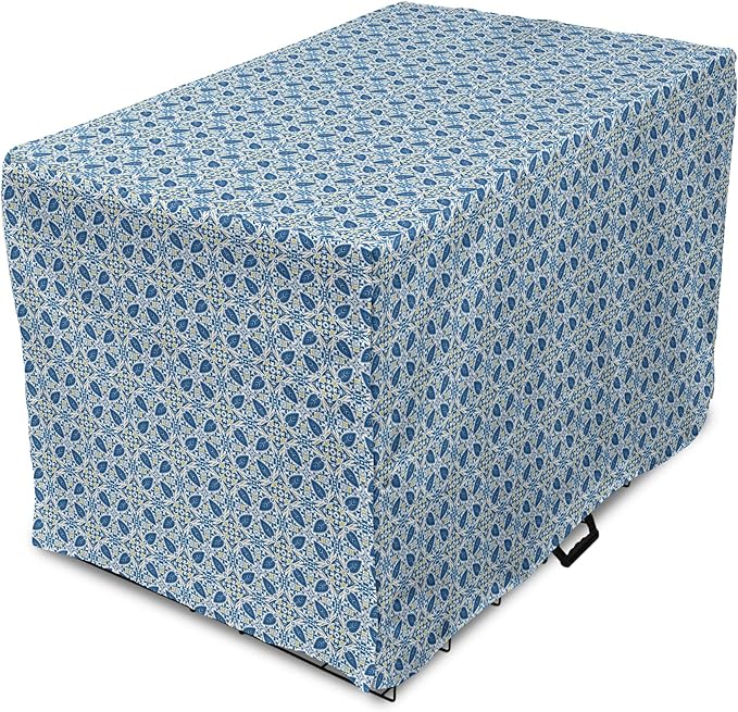 Lunarable Yellow and Blue Dog Crate Cover, Portuguese Traditional Tiles Abstract Mosaic Floral Swirl Motifs, Easy to Use Pet Kennel Cover for Cats & Medium Dogs, 24 Inch, Blue Orange Yellow