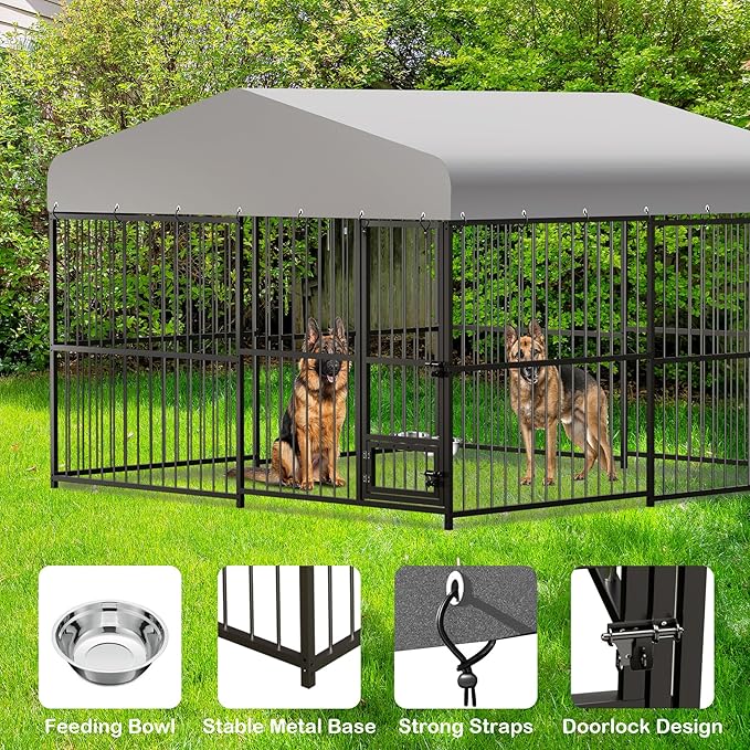 Large Outdoor Dog Kennel with Waterproof Cover, Large Dog House with Feeding Doors, Heavy Duty Dog Enclosures for Garden Backyard Courtyard(10×10×7FT)