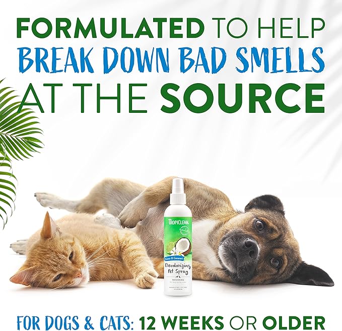 TropiClean Dog Perfume, Long Lasting Lime & Coconut Cologne, Deodorizing Spray for Smelly Dogs, After Bath Detangling Spray with Vitamin E, Safe for Cats, 8oz.