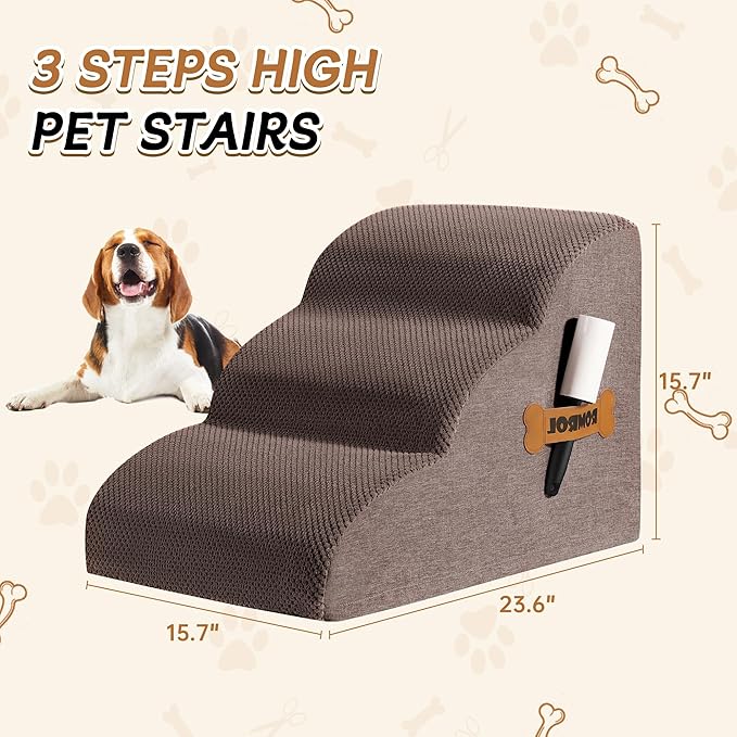 Romrol Dog Stairs Ramp for Beds Couches, Extra Wide Pet Steps with Durable Non-Slip Waterproof Fabric Cover, Pets Slope Stairs, 3-Tiers,Coffee